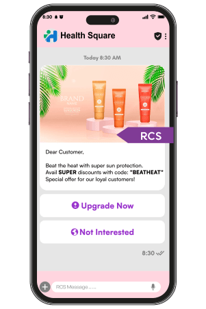 Google RCS business messaging compared with SMS Google RCS business messaging card shown beside the same offer sent as a plain SMS